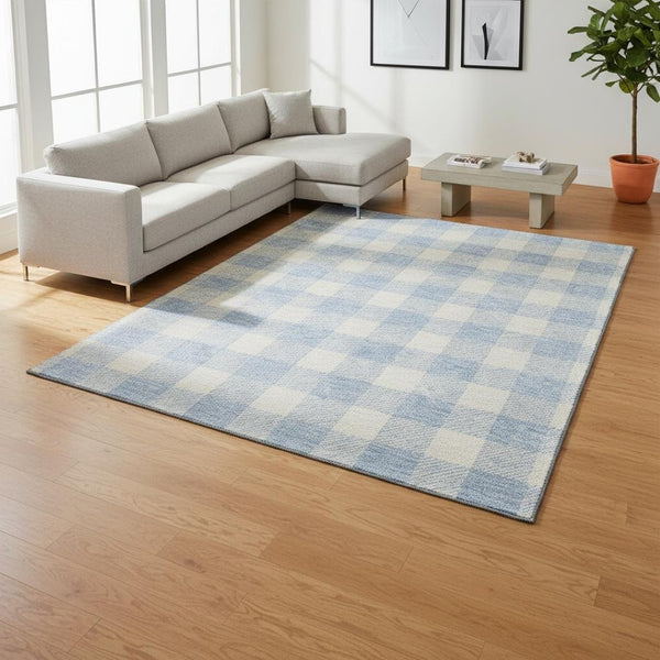 HomeRoots 10' Sky Blue & Ivory Plaid Area Rug - Washable, UV Protected, Stain Resistant for Stylish Living Spaces 673417