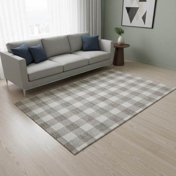 HomeRoots 5' X 8' Taupe and Ivory Plaid Washable Area Rug – Soft, Durable, UV-Protected for Homes with Kids & Pets 673419