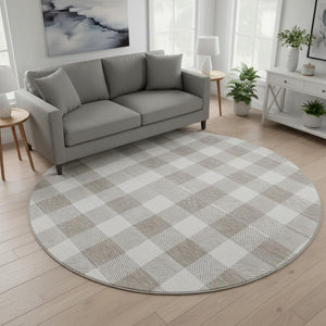 HomeRoots 8' Taupe and Ivory Plaid Washable Round Rug with UV Protection for Stylish, Family-Friendly Spaces 673420