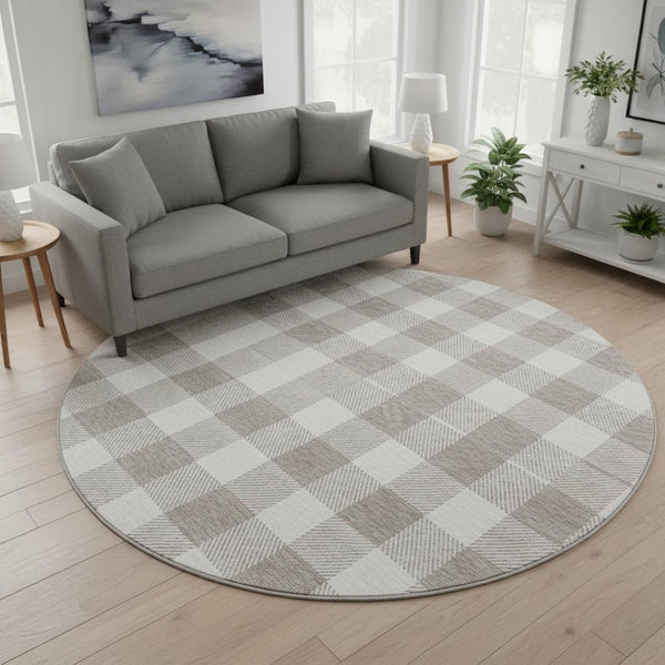 HomeRoots 8' Taupe and Ivory Plaid Washable Round Rug with UV Protection for Stylish, Family-Friendly Spaces 673420