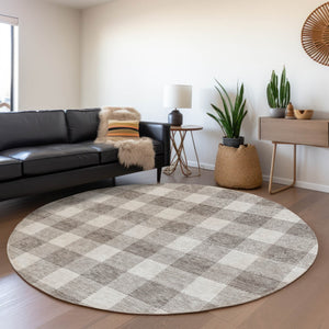 HomeRoots 8' Taupe and Ivory Plaid Washable Round Rug with UV Protection for Stylish, Family-Friendly Spaces 673420