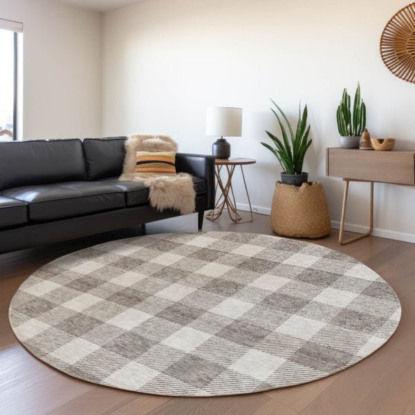 HomeRoots 8' Taupe and Ivory Plaid Washable Round Rug with UV Protection for Stylish, Family-Friendly Spaces 673420