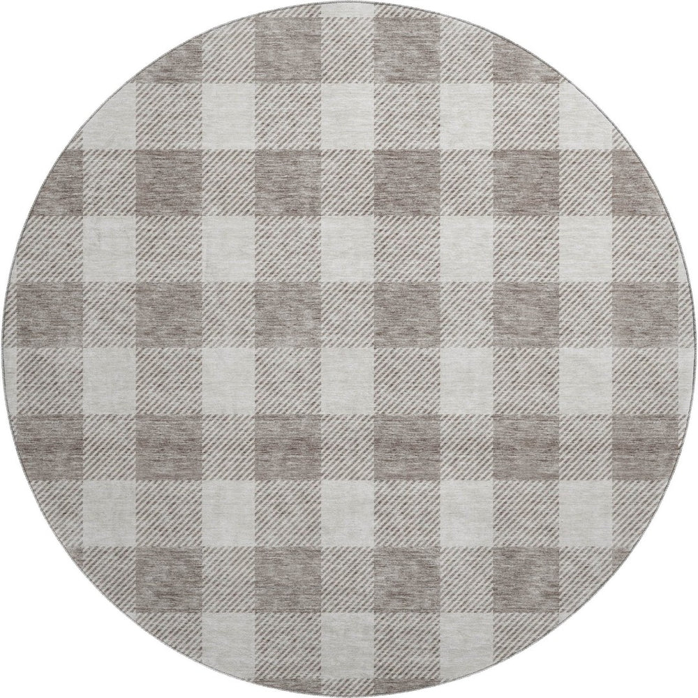 HomeRoots 8' Taupe and Ivory Plaid Washable Round Rug with UV Protection for Stylish, Family-Friendly Spaces 673420