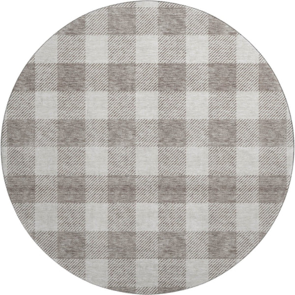 HomeRoots 8' Taupe and Ivory Plaid Washable Round Rug with UV Protection for Stylish, Family-Friendly Spaces 673420