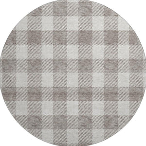 HomeRoots 8' Taupe and Ivory Plaid Washable Round Rug with UV Protection for Stylish, Family-Friendly Spaces 673420