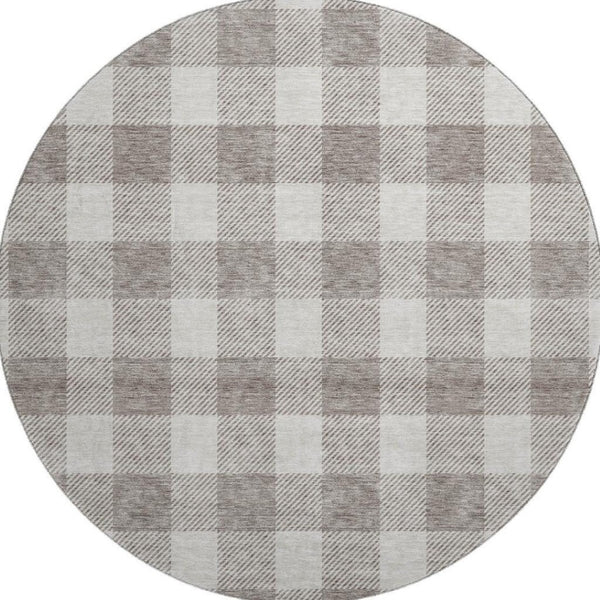 HomeRoots 8' Taupe and Ivory Plaid Washable Round Rug with UV Protection for Stylish, Family-Friendly Spaces 673420