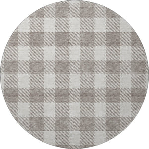HomeRoots 8' Taupe and Ivory Plaid Washable Round Rug with UV Protection for Stylish, Family-Friendly Spaces 673420