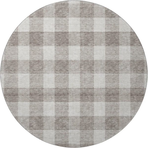 HomeRoots 8' Taupe and Ivory Plaid Washable Round Rug with UV Protection for Stylish, Family-Friendly Spaces 673420