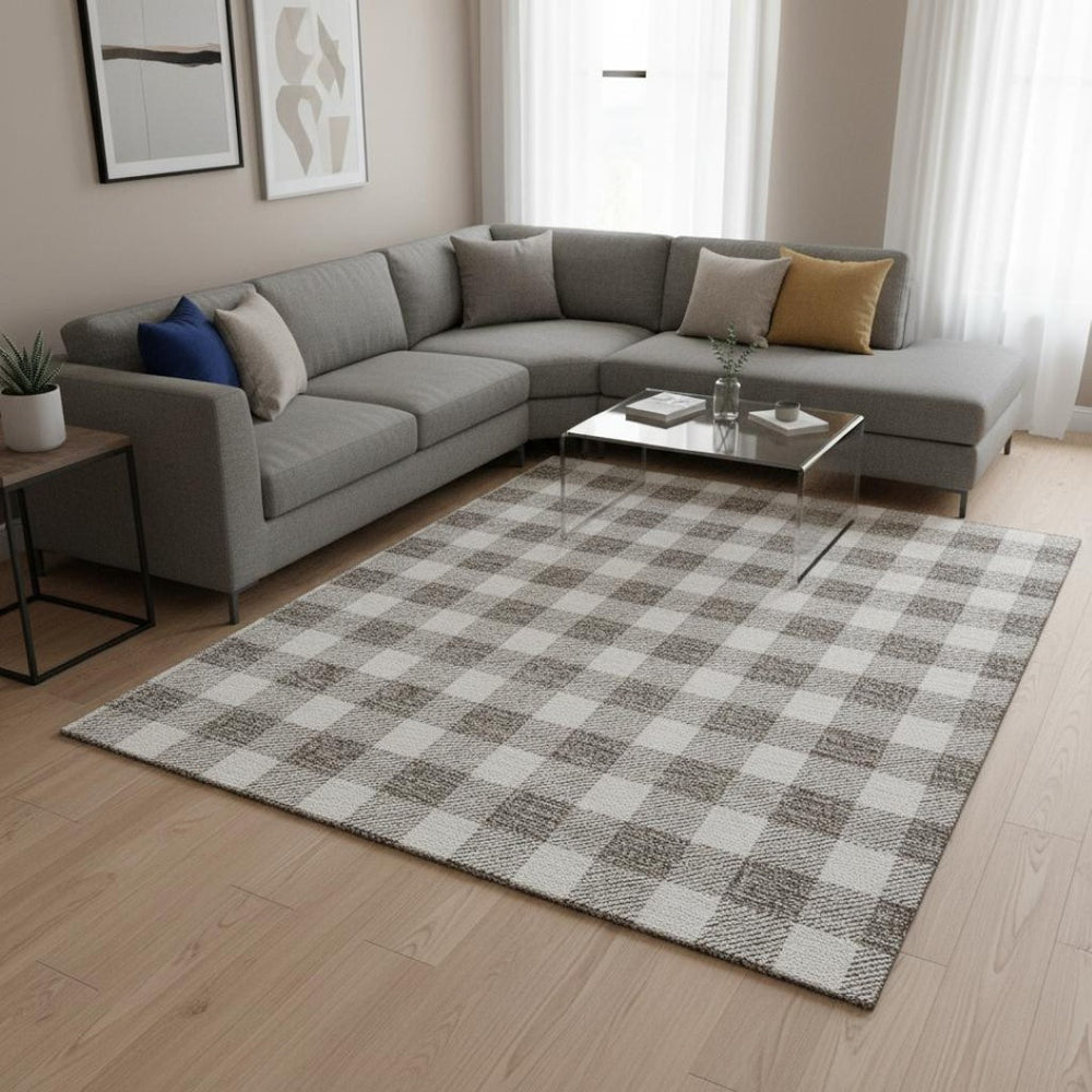 HomeRoots 9' X 12' Taupe & Ivory Plaid Washable Area Rug - Stain Resistant, UV Protected, Durable Design! 673422