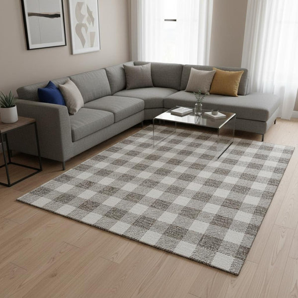HomeRoots 9' X 12' Taupe & Ivory Plaid Washable Area Rug - Stain Resistant, UV Protected, Durable Design! 673422