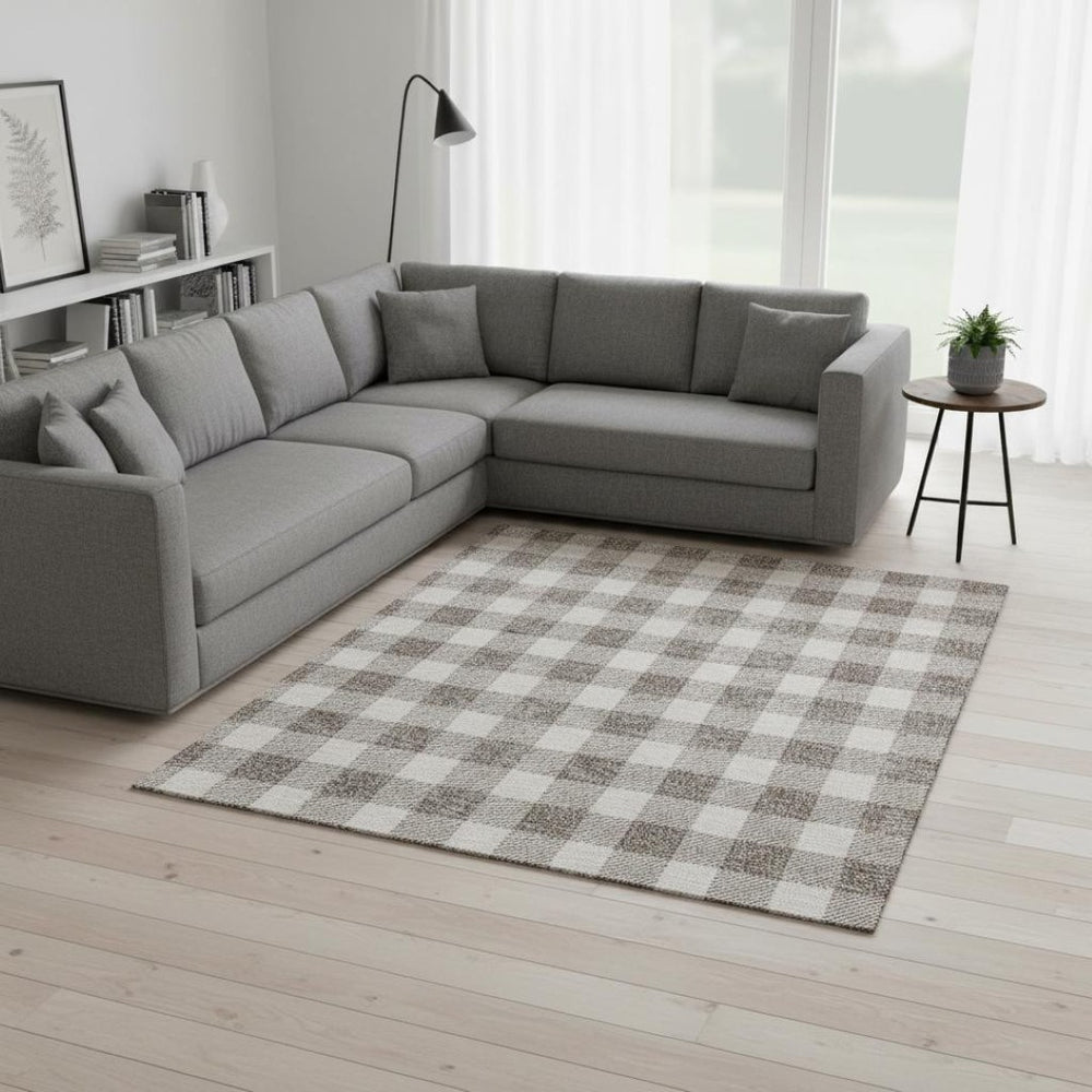 HomeRoots 10' X 14' Taupe and Ivory Plaid Area Rug - Durable, Washable, UV-Protected for Homes with Kids & Pets 673423