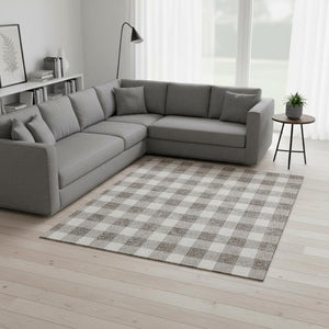 HomeRoots 10' X 14' Taupe and Ivory Plaid Area Rug - Durable, Washable, UV-Protected for Homes with Kids & Pets 673423