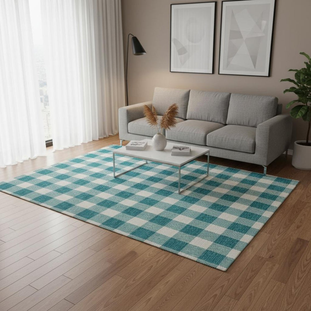 HomeRoots 5' X 8' Teal and Ivory Plaid Area Rug - Durable, Stain-Resistant, UV-Protected for Stylish Living Spaces 673425