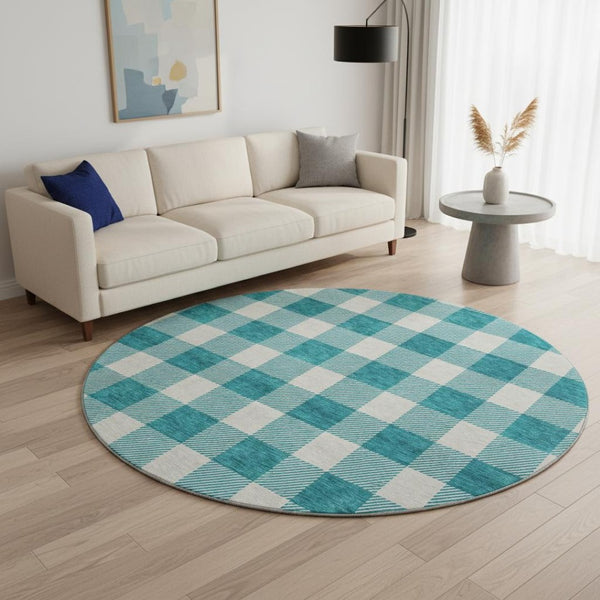 HomeRoots 8' Teal and Ivory Plaid Washable Round Rug - Durable, Stain-Resistant, UV Protected for Family Homes 673426