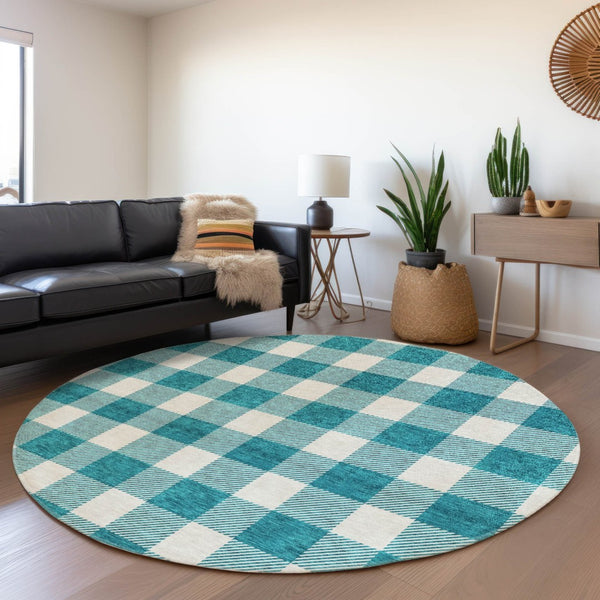 HomeRoots 8' Teal and Ivory Plaid Washable Round Rug - Durable, Stain-Resistant, UV Protected for Family Homes 673426