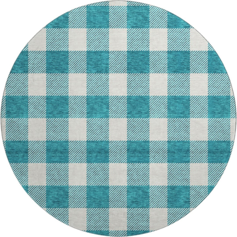 HomeRoots 8' Teal and Ivory Plaid Washable Round Rug - Durable, Stain-Resistant, UV Protected for Family Homes 673426