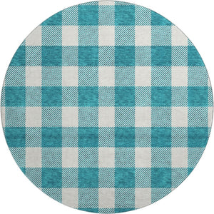 HomeRoots 8' Teal and Ivory Plaid Washable Round Rug - Durable, Stain-Resistant, UV Protected for Family Homes 673426