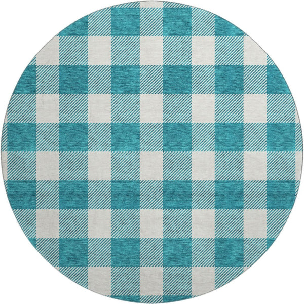 HomeRoots 8' Teal and Ivory Plaid Washable Round Rug - Durable, Stain-Resistant, UV Protected for Family Homes 673426
