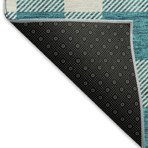 HomeRoots 8' Teal and Ivory Plaid Washable Round Rug - Durable, Stain-Resistant, UV Protected for Family Homes 673426