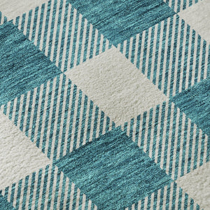 HomeRoots 8' Teal and Ivory Plaid Washable Round Rug - Durable, Stain-Resistant, UV Protected for Family Homes 673426
