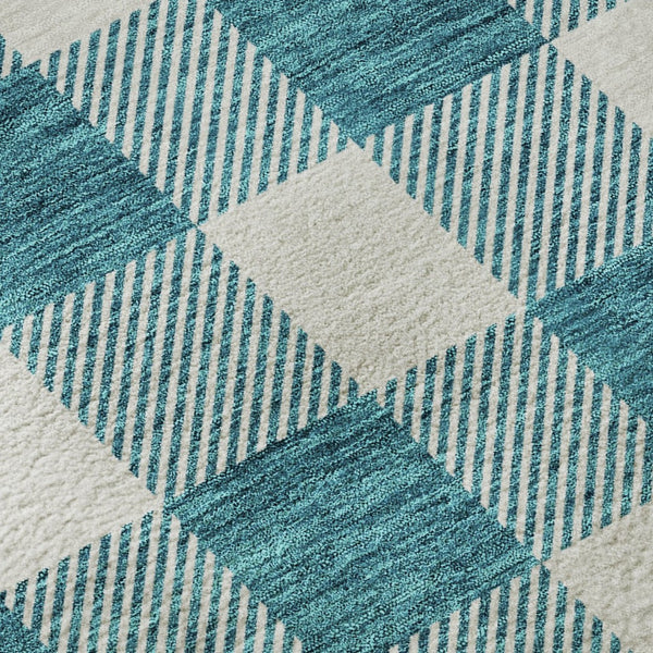 HomeRoots 8' Teal and Ivory Plaid Washable Round Rug - Durable, Stain-Resistant, UV Protected for Family Homes 673426