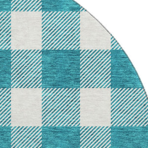 HomeRoots 8' Teal and Ivory Plaid Washable Round Rug - Durable, Stain-Resistant, UV Protected for Family Homes 673426