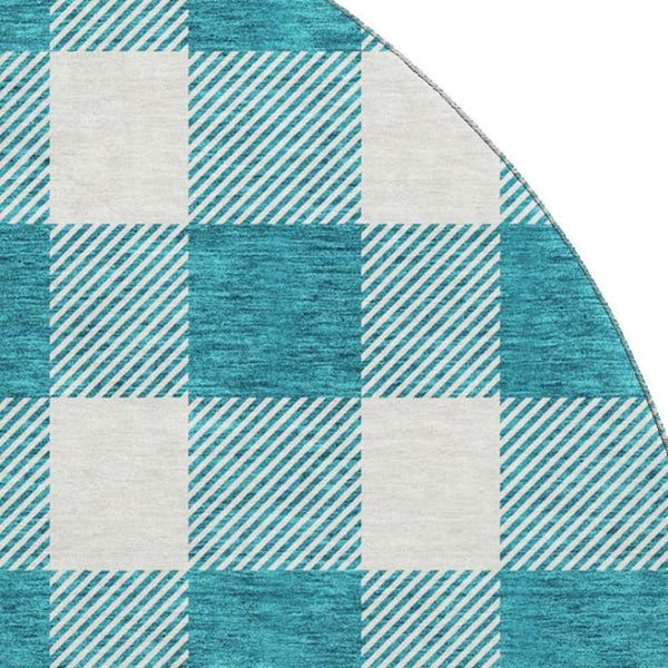 HomeRoots 8' Teal and Ivory Plaid Washable Round Rug - Durable, Stain-Resistant, UV Protected for Family Homes 673426