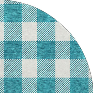 HomeRoots 8' Teal and Ivory Plaid Washable Round Rug - Durable, Stain-Resistant, UV Protected for Family Homes 673426
