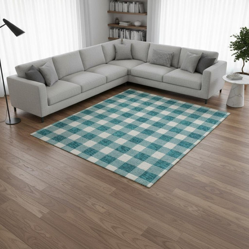 HomeRoots 8' X 10' Teal and Ivory Plaid Washable Area Rug - UV Protected, Stain Resistant, Perfect for Busy Homes! 673427