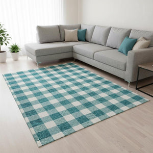 HomeRoots 9' X 12' Teal & Ivory Plaid Area Rug - Washable, UV-Protected, Durable & Perfect for High-Traffic Spaces! 673428