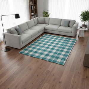 HomeRoots 10' X 14' Teal and Ivory Plaid Washable Area Rug with UV Protection for Stylish, Busy Homes 673429