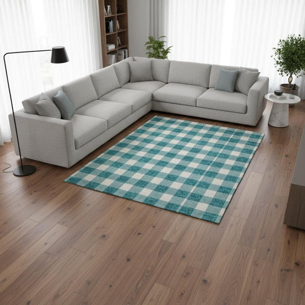 HomeRoots 10' X 14' Teal and Ivory Plaid Washable Area Rug with UV Protection for Stylish, Busy Homes 673429