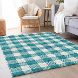 HomeRoots 10' X 14' Teal and Ivory Plaid Washable Area Rug with UV Protection for Stylish, Busy Homes 673429