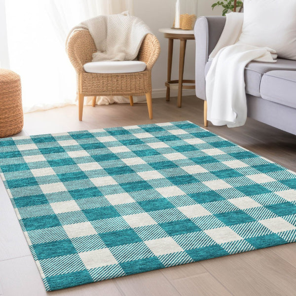 HomeRoots 10' X 14' Teal and Ivory Plaid Washable Area Rug with UV Protection for Stylish, Busy Homes 673429