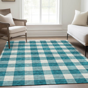 HomeRoots 10' X 14' Teal and Ivory Plaid Washable Area Rug with UV Protection for Stylish, Busy Homes 673429