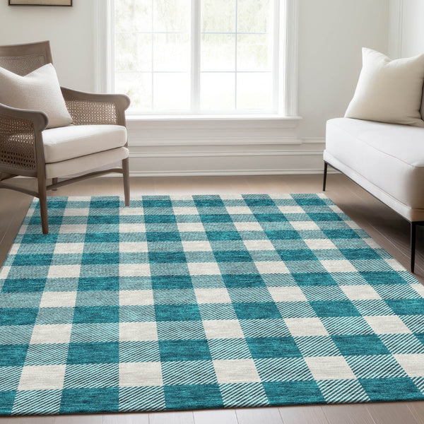HomeRoots 10' X 14' Teal and Ivory Plaid Washable Area Rug with UV Protection for Stylish, Busy Homes 673429