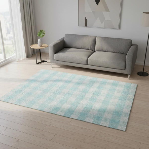 HomeRoots 5' X 8' Aqua and Ivory Plaid Washable Area Rug - Stylish, Stain-Resistant, UV Protected for Durability 673431