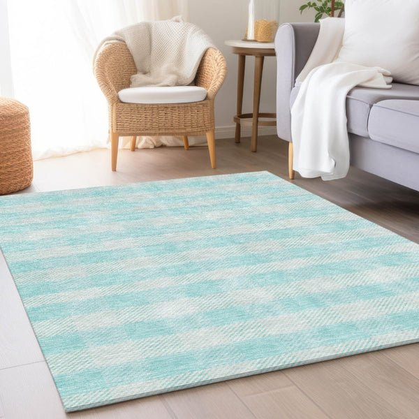 HomeRoots 5' X 8' Aqua and Ivory Plaid Washable Area Rug - Stylish, Stain-Resistant, UV Protected for Durability 673431