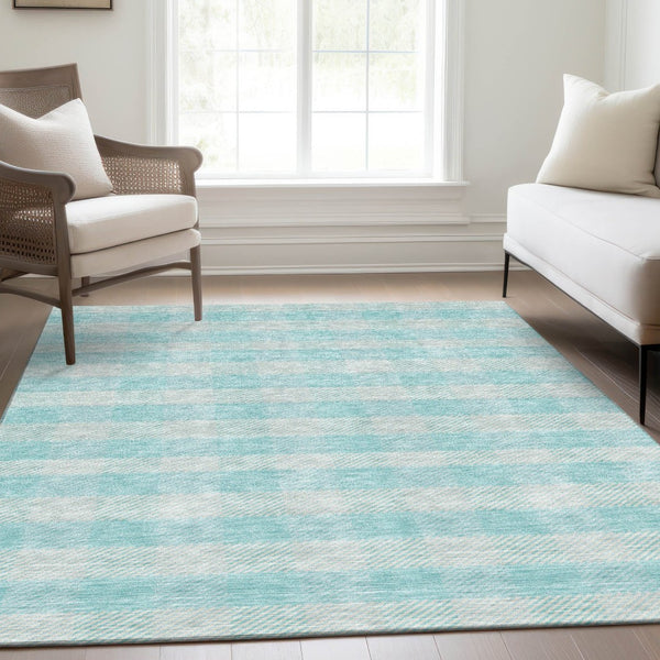 HomeRoots 5' X 8' Aqua and Ivory Plaid Washable Area Rug - Stylish, Stain-Resistant, UV Protected for Durability 673431