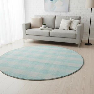 HomeRoots 8' Aqua and Ivory Plaid Washable Round Rug - Stain Resistant, UV Protected, Perfect for Busy Homes! 673432