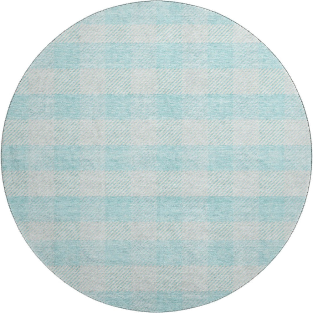 HomeRoots 8' Aqua and Ivory Plaid Washable Round Rug - Stain Resistant, UV Protected, Perfect for Busy Homes! 673432