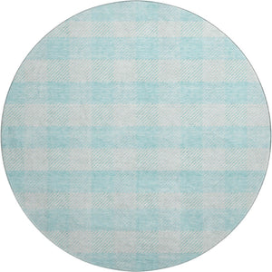 HomeRoots 8' Aqua and Ivory Plaid Washable Round Rug - Stain Resistant, UV Protected, Perfect for Busy Homes! 673432