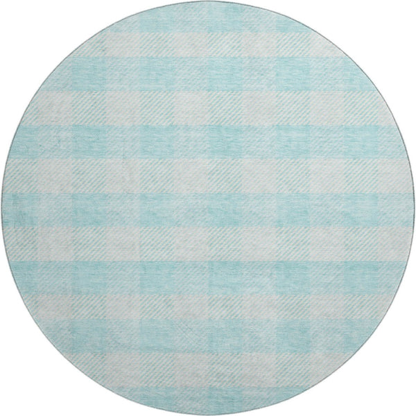 HomeRoots 8' Aqua and Ivory Plaid Washable Round Rug - Stain Resistant, UV Protected, Perfect for Busy Homes! 673432