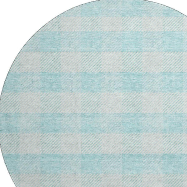 HomeRoots 8' Aqua and Ivory Plaid Washable Round Rug - Stain Resistant, UV Protected, Perfect for Busy Homes! 673432