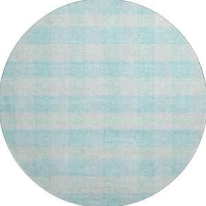 HomeRoots 8' Aqua and Ivory Plaid Washable Round Rug - Stain Resistant, UV Protected, Perfect for Busy Homes! 673432
