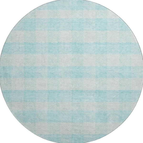 HomeRoots 8' Aqua and Ivory Plaid Washable Round Rug - Stain Resistant, UV Protected, Perfect for Busy Homes! 673432