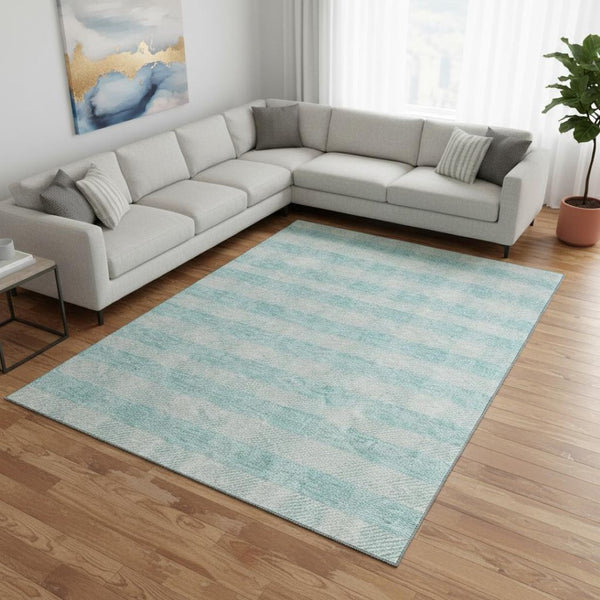 HomeRoots 8' X 10' Aqua and Ivory Plaid Washable Area Rug - Durable, UV-Protected, Perfect for Busy Homes! 673433