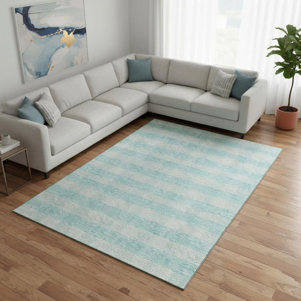 HomeRoots 9' X 12' Aqua and Ivory Plaid Area Rug - Washable, Stain-Resistant, UV Protected for Family Spaces 673434
