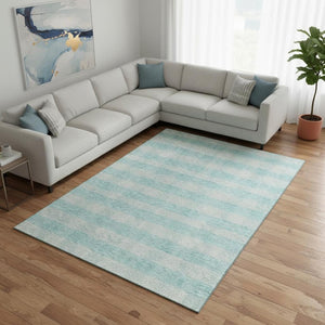 HomeRoots 9' X 12' Aqua and Ivory Plaid Area Rug - Washable, Stain-Resistant, UV Protected for Family Spaces 673434