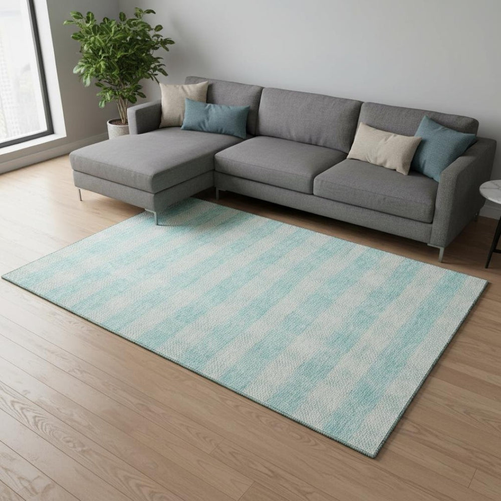 HomeRoots 10' Aqua and Ivory Plaid Washable Area Rug – UV Protected, Stain Resistant, Perfect for Family Spaces! 673435